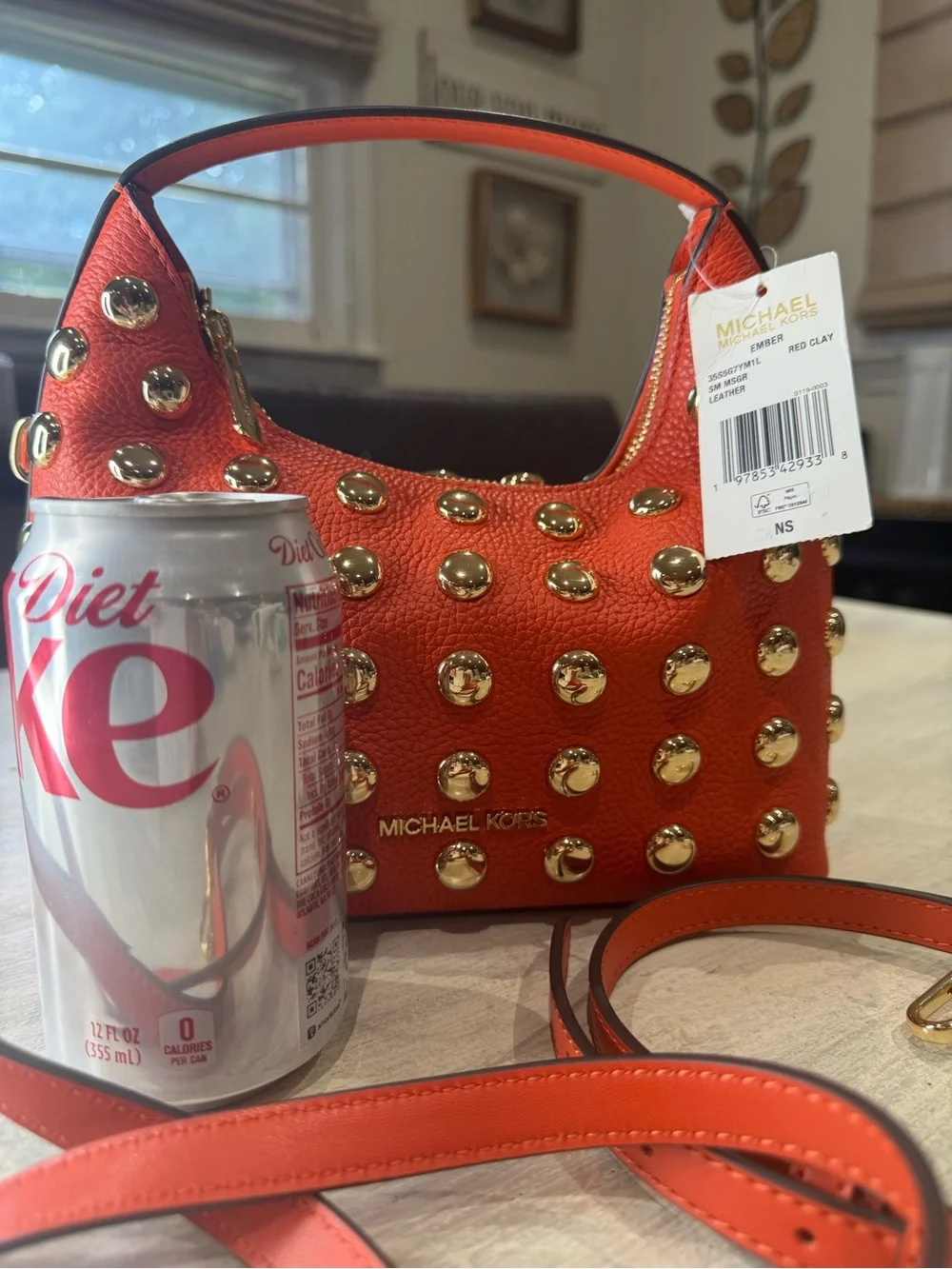 Michael Kors Ember Red Clay Studded Leather Crossbody Hobo